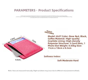 Detail view of pink leather RFID card holder dimensions and internal card slot structure