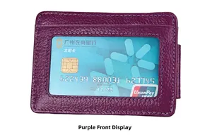Detail of purple lychee leather RFID blocking card holder with clear ID window
