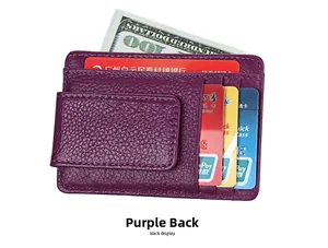 Slim purple RFID blocking wallet back view featuring multiple card slots and magnetic closure