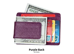 Detail view of purple lychee pattern leather wallet with RFID blocking and cash clip