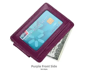 Close-up of purple RFID blocking wallet with lychee grain leather and clear ID window