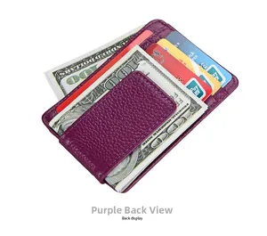 Detailed back view of purple litchi grain leather wallet with RFID blocking and card slots