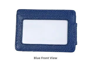 Blue RFID blocking leather card holder featuring a front clear window for ID identification