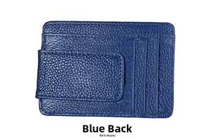 Detail view of the back of a blue lychee leather RFID blocking card holder wallet