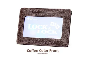 Detailed close-up of brown litchi grain leather card holder with clear ID window
