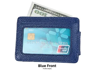 Detail of blue leather RFID wallet featuring transparent ID window and bill compartment