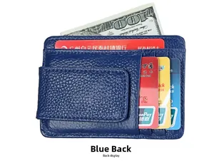 Blue lychee leather RFID wallet back view with money clip and multiple card slots