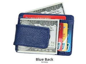 Slim RFID blocking wallet in navy blue leather showing card slots and money clip with bills
