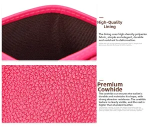 Detailed view of rose red lychee grain leather and RFID blocking interior lining