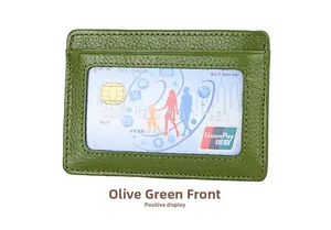 Front view of grass green leather RFID card holder with transparent ID window