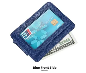 Detail showing the back card slot and cash compartment of the blue RFID wallet.