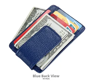 Slim blue leather RFID wallet with magnetic money clip and multiple card slots