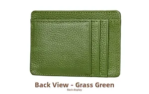 Detail view of grass green litchi grain leather card holder showing back card slots