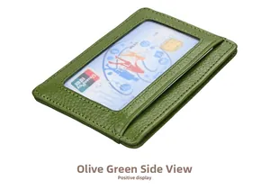 Detail view of grass green litchi grain leather RFID card holder with transparent ID window
