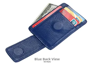 Detail showing the back and side profile of the blue RFID leather wallet with dollar bill