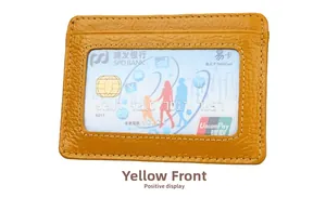 Detailed front view of a yellow litchi pattern leather RFID wallet with ID window