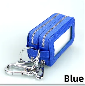 Detailed close-up of a blue dual-zipper leather car key case with hook and clear window