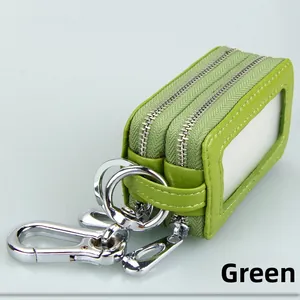 Green leather double zipper car key case with a clear window and swivel metal hook