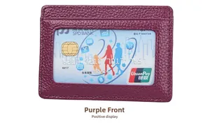 Detailed front view of purple leather RFID card holder with transparent ID window