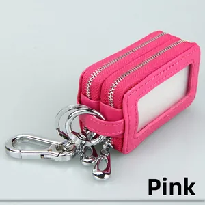 Pink leather car key case with double zipper design and clear card window and metal hook
