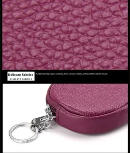 Close-up of premium cowhide leather texture and silver zipper on purple key pouch