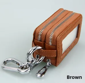 Detail of brown leather car key case with dual zippers and transparent window