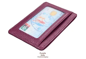 Purple lychee grain leather card holder featuring RFID protection and an ID window