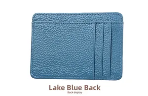Back view of Lake Blue pebbled leather card holder with three vertical slots