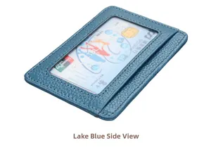 Detail view of lake blue leather card holder with clear ID window and pebble grain texture