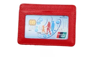 Front view of red litchi texture leather card holder with transparent ID window