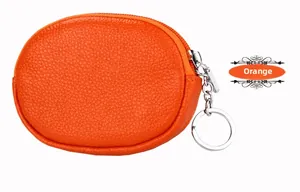 Detail of orange genuine leather mini coin purse with lychee texture and silver keychain