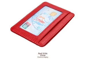 Close-up of red lychee grain leather RFID card holder with transparent ID window