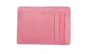 Detailed back view of pink leather RFID card holder with three vertical slots