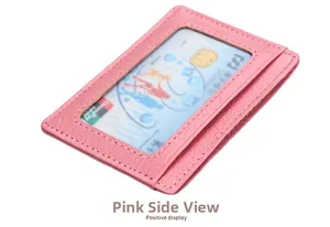Pink leather RFID card holder featuring a transparent ID window and pebble texture