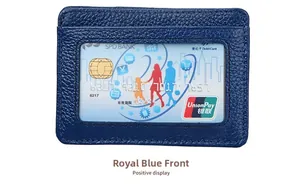 Close-up of royal blue litchi pattern leather card holder with clear ID window