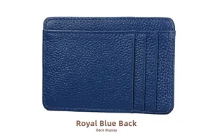 Detailed back view of royal blue lychee grain leather card holder with three card slots
