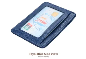 Royal blue pebble leather card holder showing side profile and clear ID slot