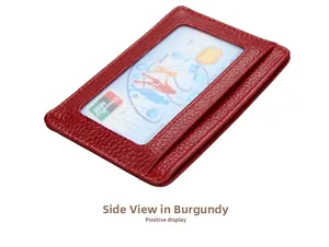 Front view of lychee pattern burgundy leather RFID wallet with clear card slot