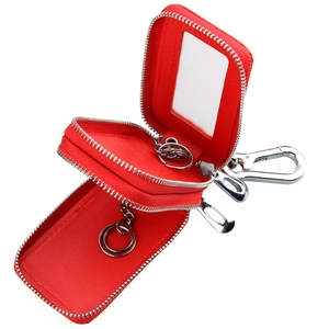 Universal genuine leather car key case with dual zippers and transparent window