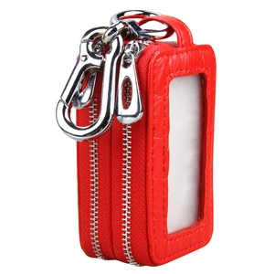 Universal red leather double zipper car key case with transparent window and metal hook