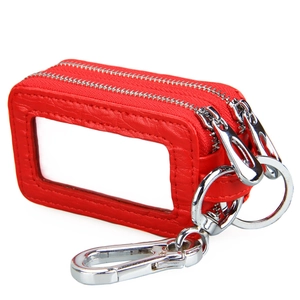 Red genuine leather car key case with dual zippers and transparent window