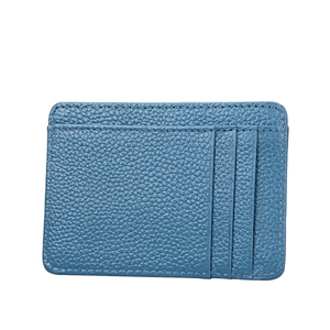 Blue lychee pattern RFID leather card holder with three card slots and central pocket