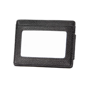 Black pebbled leather RFID blocking wallet with clear ID window for professional use