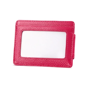 Fuchsia lychee leather RFID blocking card holder with ID window and money clip