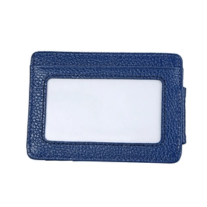 Dark blue RFID blocking leather card holder with clear ID window and lychee texture
