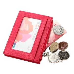 Rose red genuine leather RFID blocking card holder wallet with zipper and coin storage