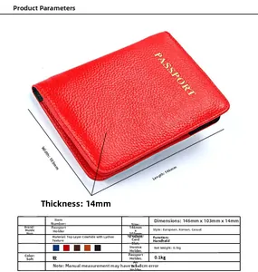 Détails des dimensions d'un protège-passeport en cuir grainé rouge avec texte doré