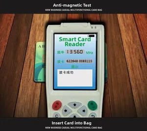 RFID blocking test for genuine leather mini wallet showing 13.56 MHz signal shielding