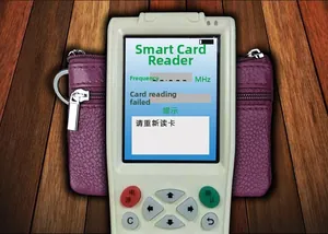 Detail of a portable RFID reader and copier next to a purple litchi grain leather wallet