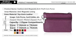 Detail diagram showing purple leather RFID coin purse dimensions 114x74mm and texture